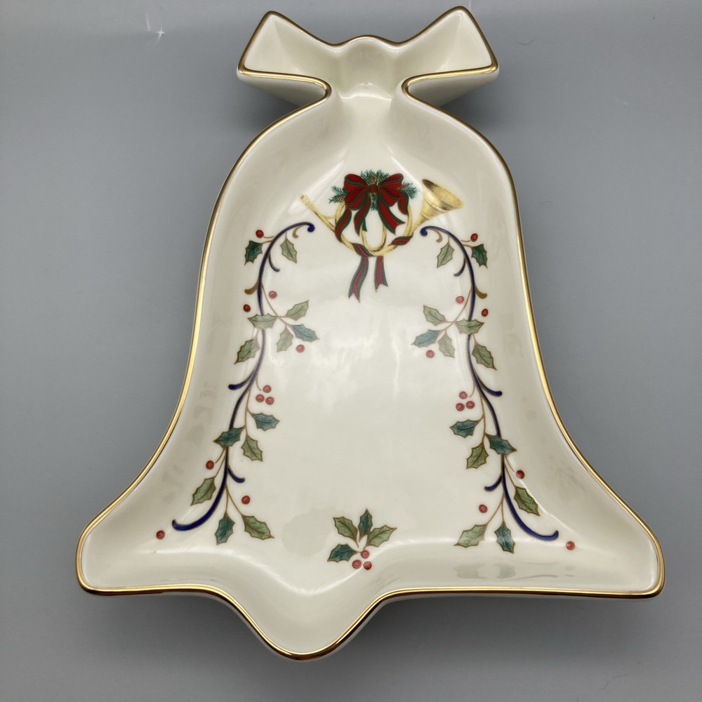 MIKASA Bell Fine Porcelain Christmas Candy Trinket Dish Goldtone Trim 8.75x6.5"